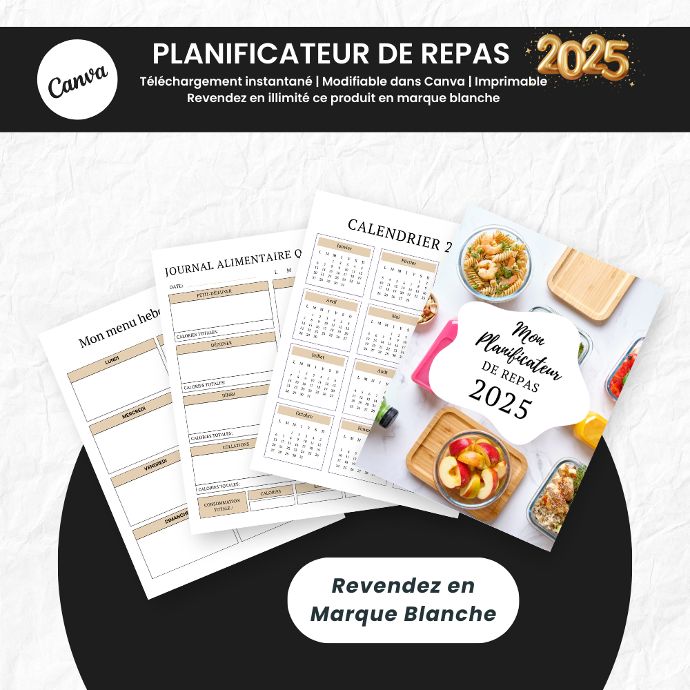  Planificateur de Repas 2025 PLR - 60 Pages Éditable via Canva (À Revendre)