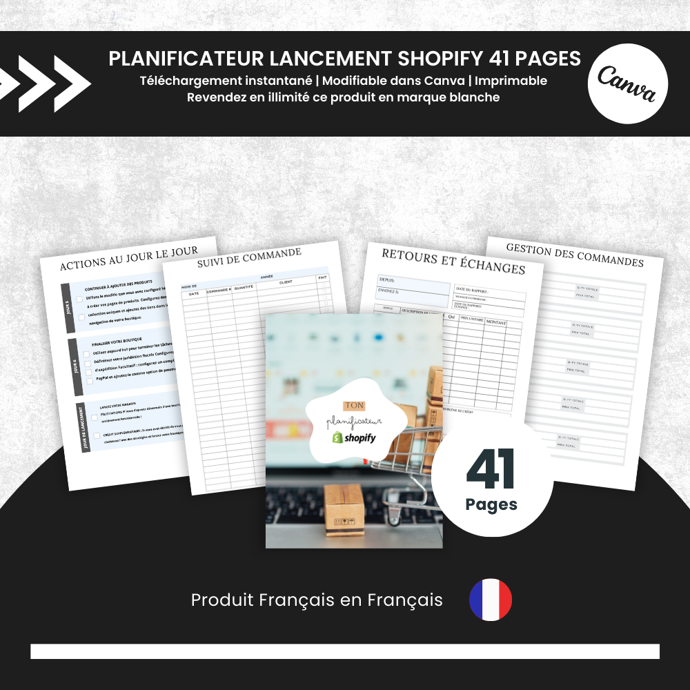 Planificateur de Lancement Shopify PLR - 41 Pages Éditable via Canva