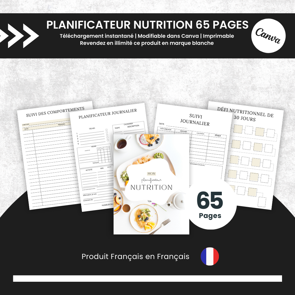 Planificateur Nutrition PLR - 65 Pages Éditable via Canva (100 % modifiable)