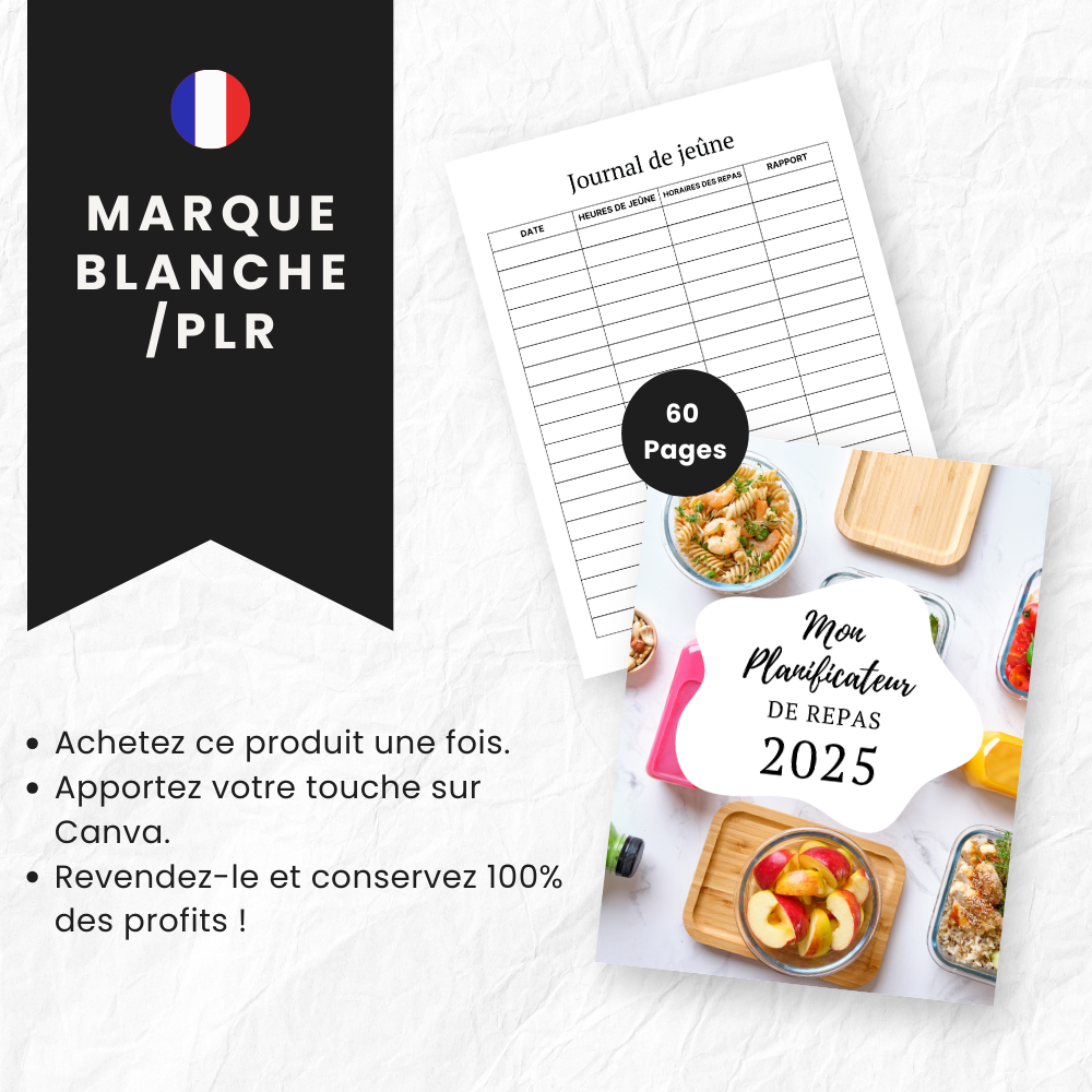  Planificateur de Repas 2025 PLR - 60 Pages Éditable via Canva (À Revendre)