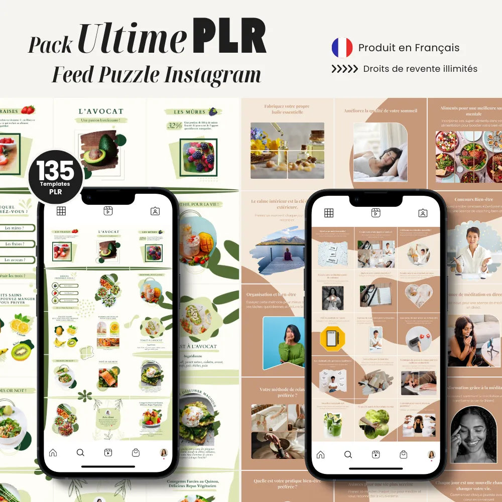 135 Templates carré comprenant feed  puzzle nutrition bien etre  contenu digital PLR Marque blanche contenu revendable