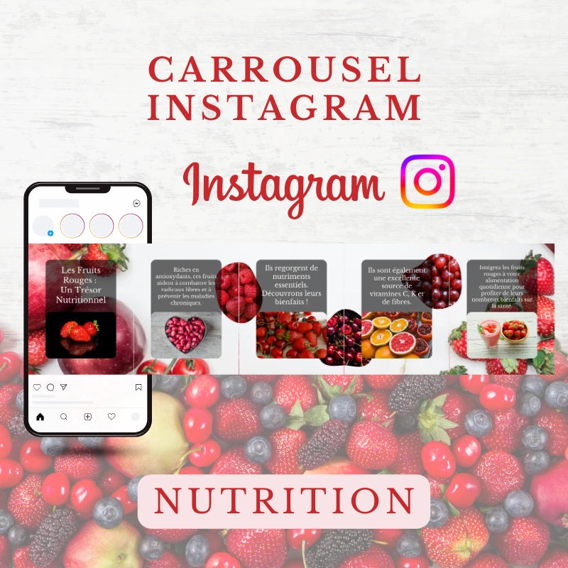 Templates PLR Instagram Carrousel Nutrition - Fruits Rouges (5 Posts à Revendre) - Captivateur