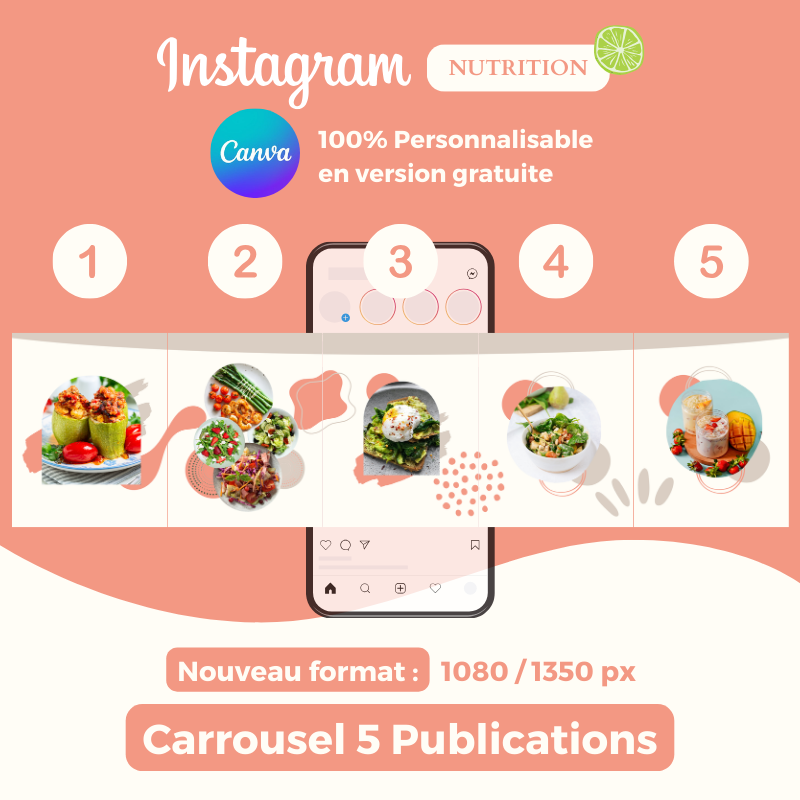 Templates PLR Instagram Nutrition - Carrousel Rose (5 Posts à Revendre) - Captivateur