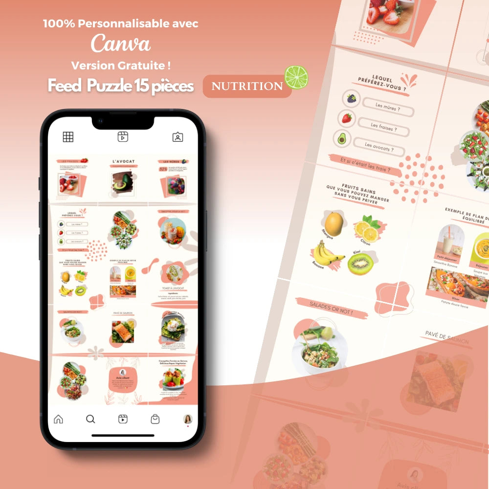 Templates PLR Instagram Nutrition - Feed Puzzle Rose (15 Pièces à Revendre) - Captivateur
