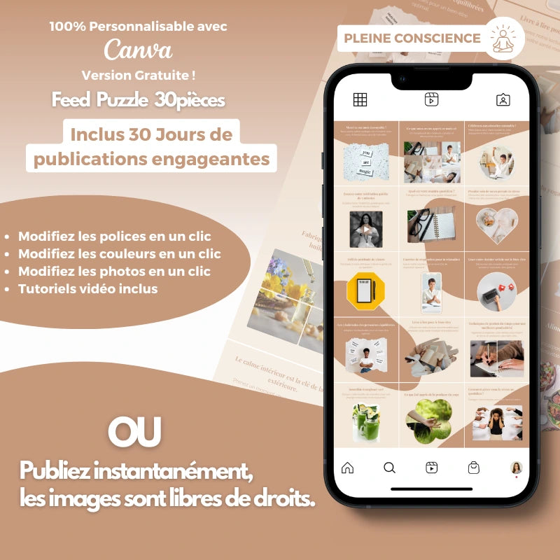 Templates PLR Instagram Pleine Conscience - Feed Puzzle Marron Beige (30 Pièces à Revendre) - Captivateur