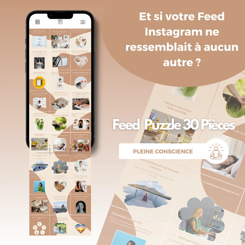 Templates PLR Instagram Pleine Conscience - Feed Puzzle Marron Beige (30 Pièces à Revendre) - Captivateur