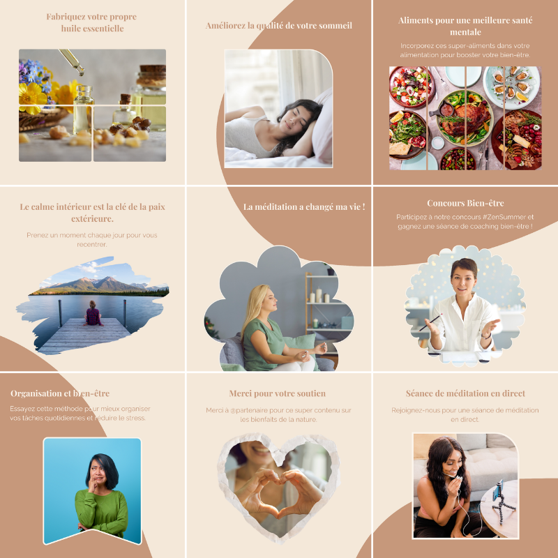 Templates PLR Instagram Pleine Conscience - Feed Puzzle Marron Beige (30 Pièces à Revendre) - Captivateur