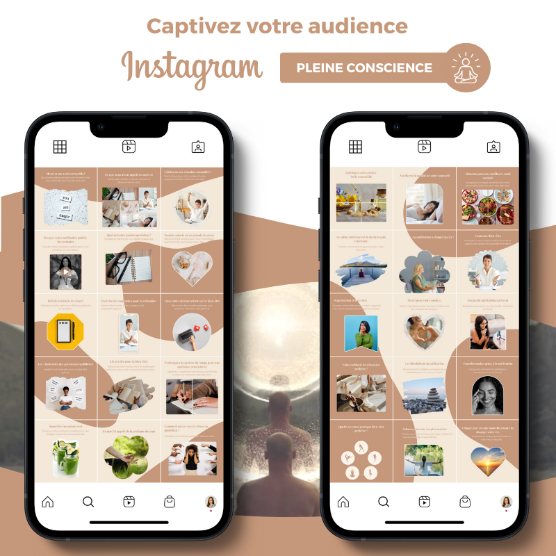 Templates PLR Instagram Pleine Conscience - Feed Puzzle Marron Beige (30 Pièces à Revendre) - Captivateur