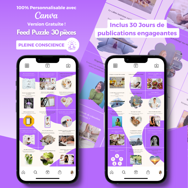 Templates PLR Instagram Pleine Conscience - Feed Puzzle Violet et Blanc (30 Pièces à Revendre) - Captivateur