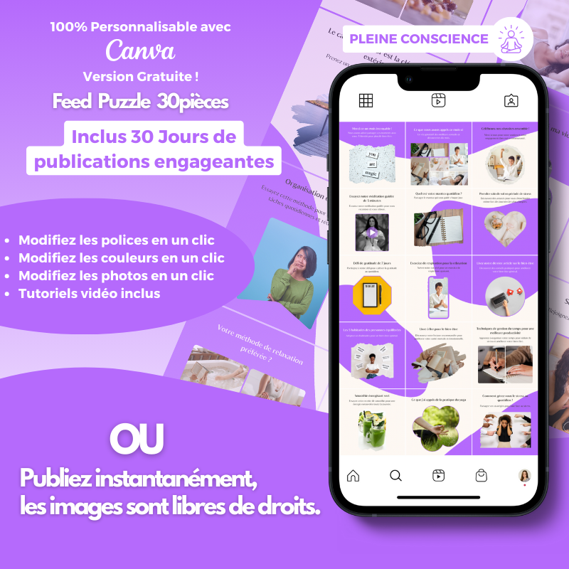 Templates PLR Instagram Pleine Conscience - Feed Puzzle Violet et Blanc (30 Pièces à Revendre) - Captivateur