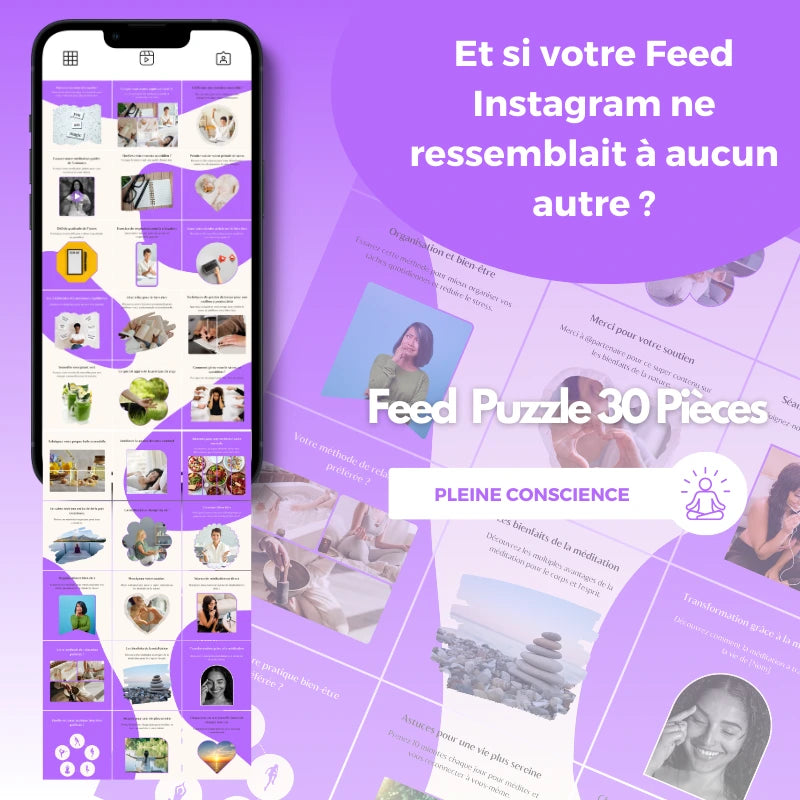 Templates PLR Instagram Pleine Conscience - Feed Puzzle Violet et Blanc (30 Pièces à Revendre) - Captivateur