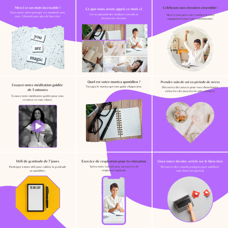 Templates PLR Instagram Pleine Conscience - Feed Puzzle Violet et Blanc (30 Pièces à Revendre) - Captivateur