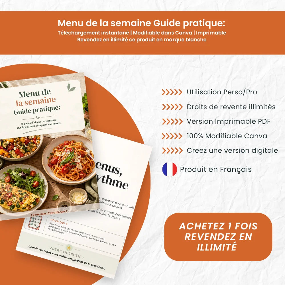 Menu de la semaine guide pratique PLR couverture produit 26 pages